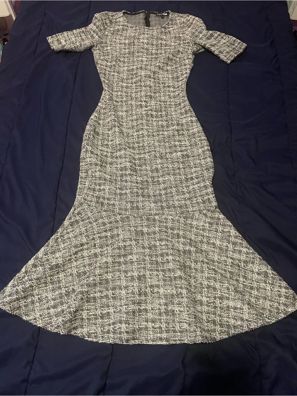 Fashion Nova Black & White Tweed Maxi Fit-and-Flare Dress